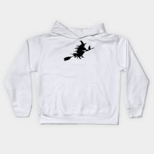 Silhouette of Witch and Cat Flying on Broomstick Kids Hoodie